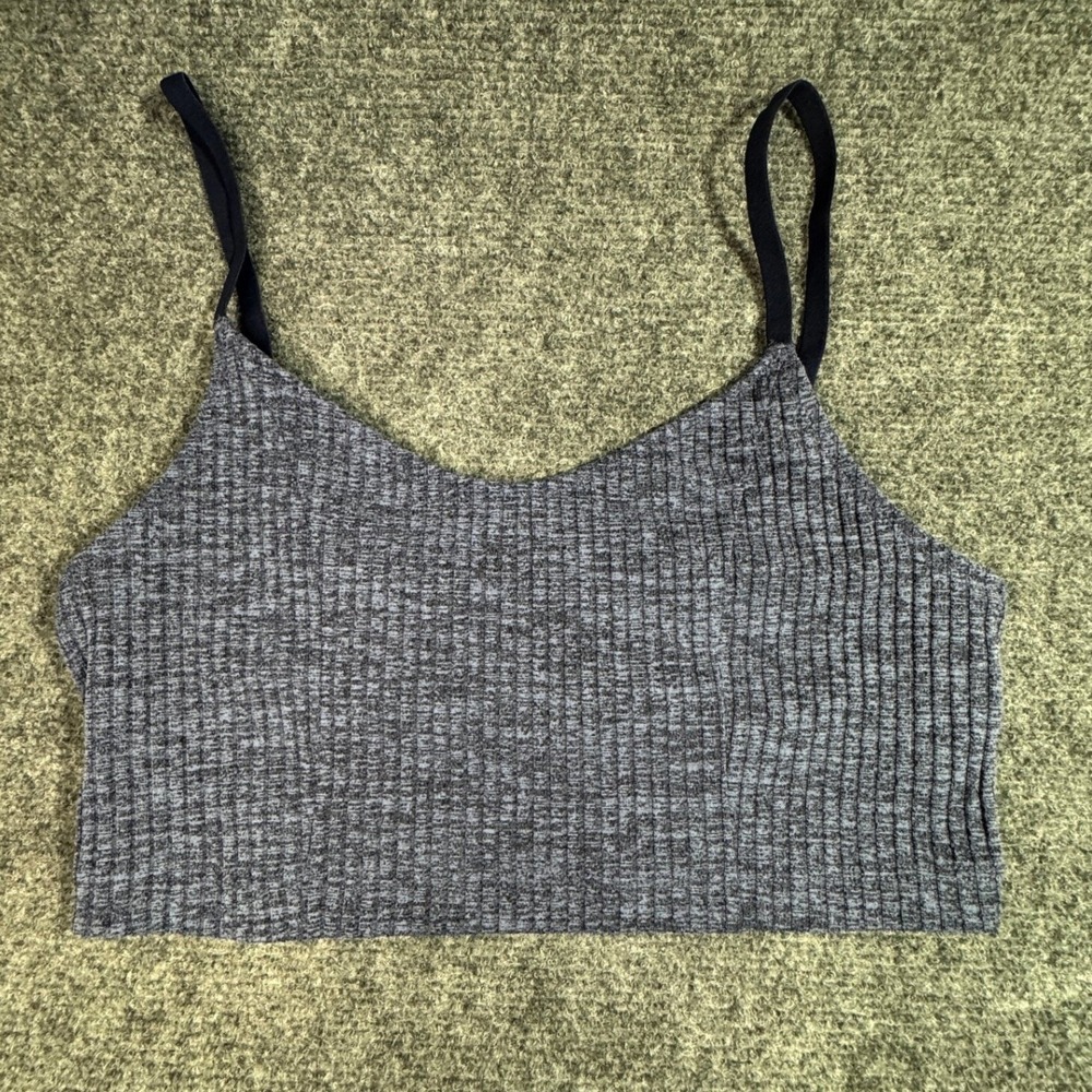 Aerie Grey Ribbed Knit Crop Cami Top with Adjustable Straps and Shelf Bra Womens